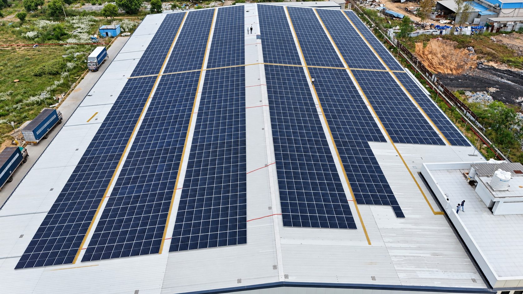 Aerial view of an industrial rooftop solar plant built by RPD Solar