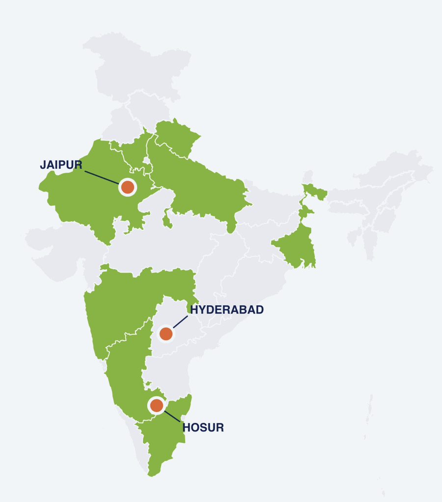 Map of India showing RPD Solar project states in green and office locations in orange